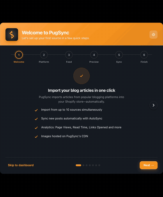 Animated walkthrough of the PugSync setup guide in the Shopify admin: Welcome, Platform, Feed, Preview, Sync, and Finish steps, ending on the plan picker