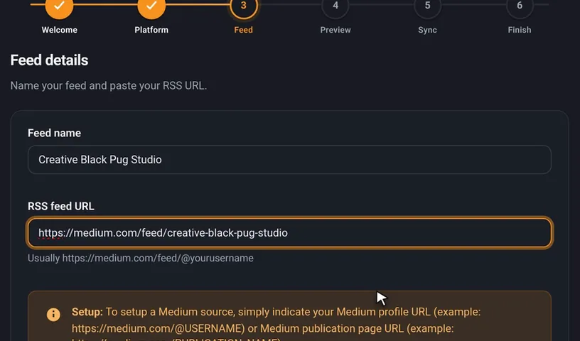 The feed step with a Medium feed URL pasted