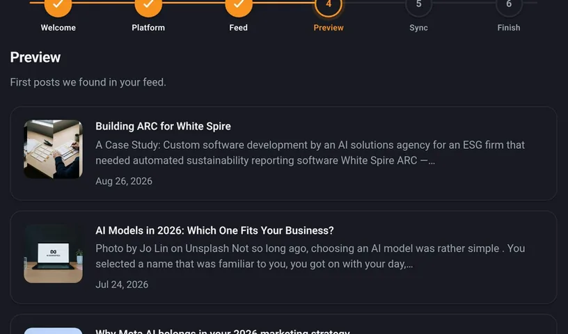 The preview step listing the first posts in the feed