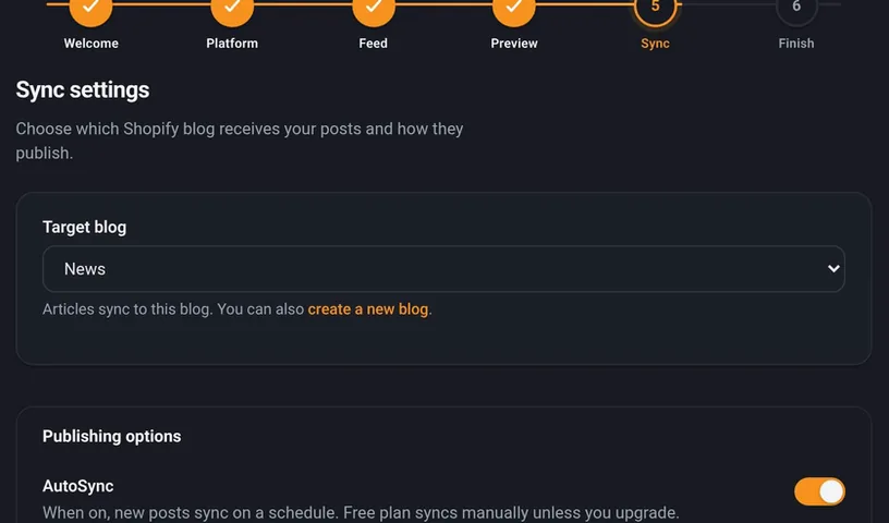 The sync settings step with the target blog and AutoSync